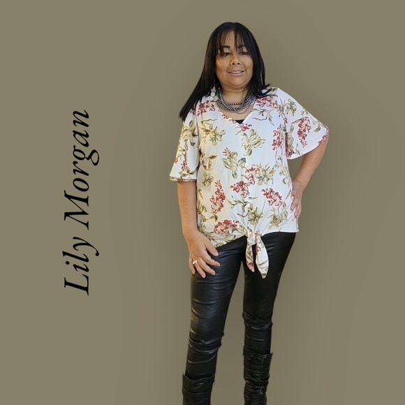 Lily Morgan Size Medium Floral Women's Top - Cream and Pink - Picture 2 of 6